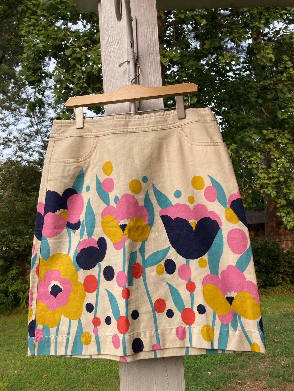 Boden - A Line Retro Feel Vibrant Floral Knee Length Khaki Skirt Pockets - US 4